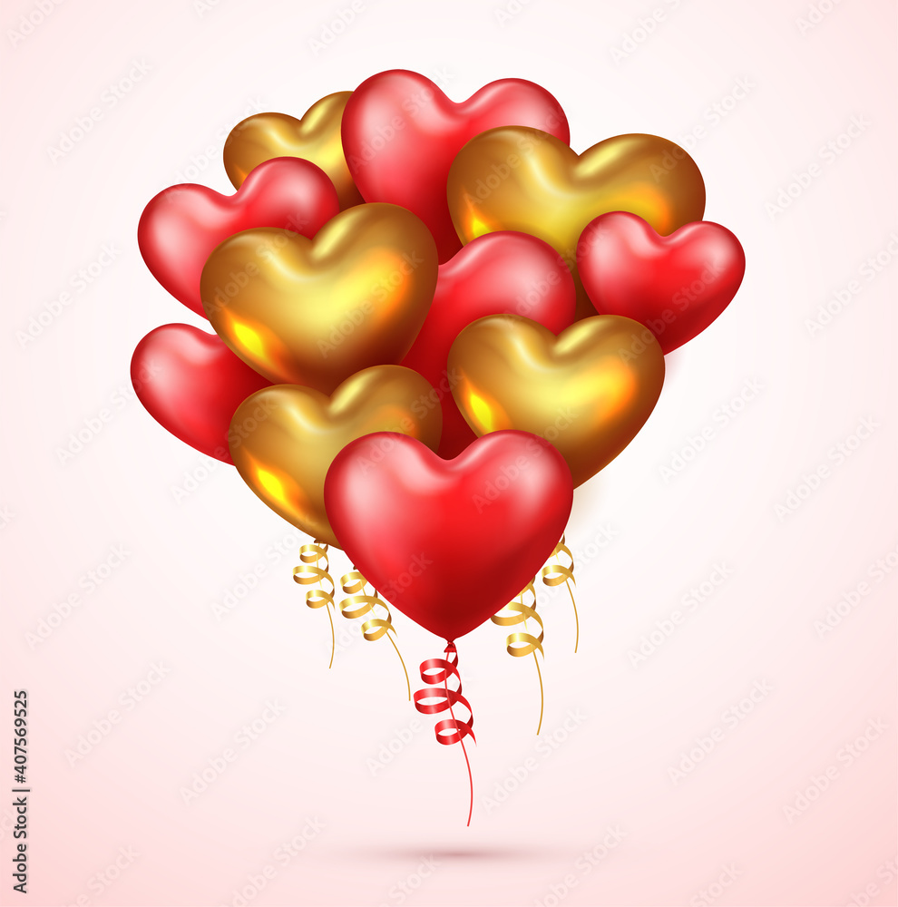Heart shaped balloons. Realistic red 3d balloons and. Holiday decoration romantic background.
