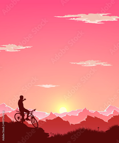 Cyclist on the background of mountains. Sunset in the mountains. Mountain View. Extreme cross-country driving. Vector illustration.