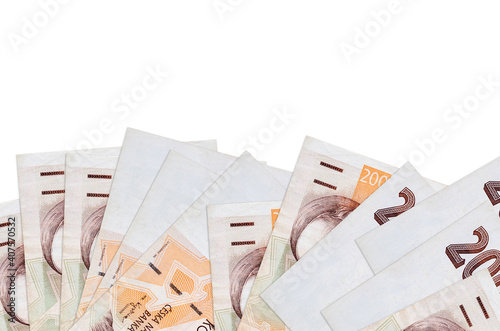 200 Czech korun bills lies on bottom side of screen isolated on white background with copy space. Background banner template photo