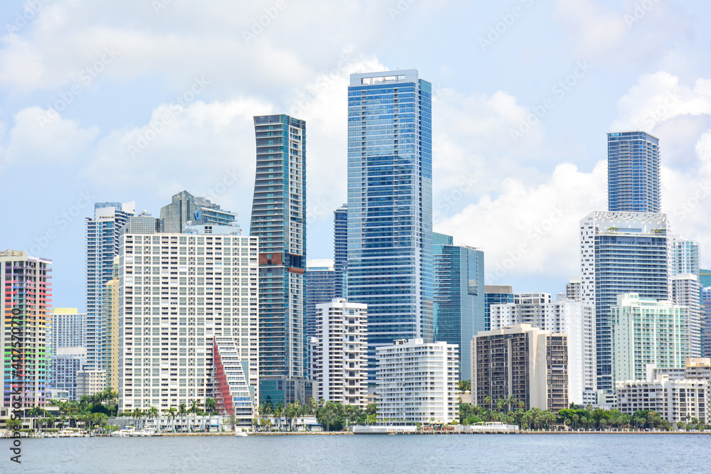 Mixture of high rise office buildings and residential condos in Downtown Miami in South Florida