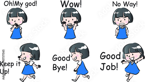 vector cartoon girl emoji life action set