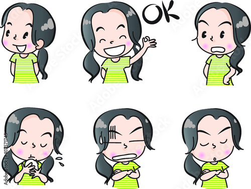 vector cartoon girl emoji life action set