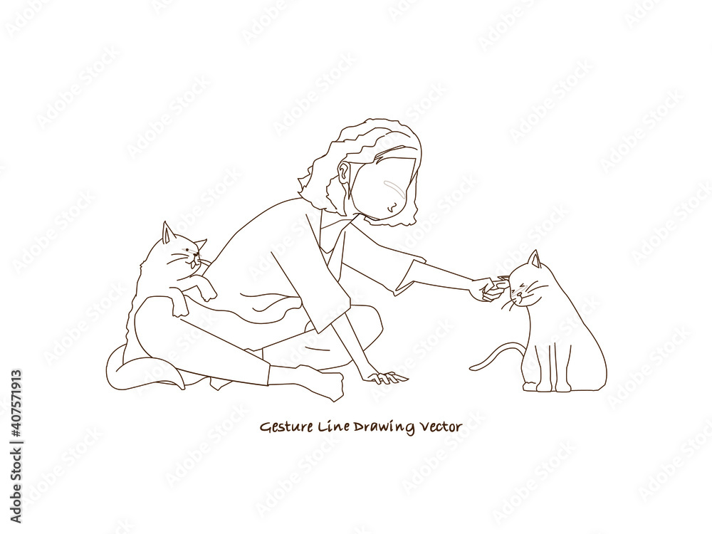 Cat and Woman characters.Gesture line drawing vector. Cat and Woman characters.Gesture line drawing vector.