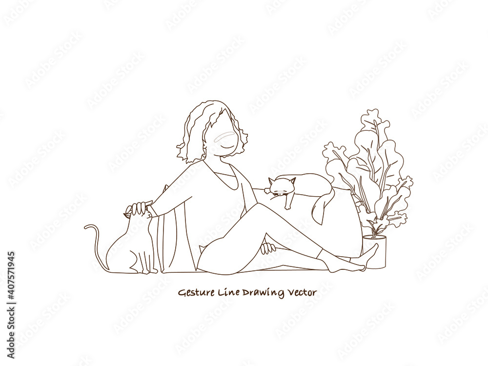 Cat and Woman characters.Gesture line drawing vector. Cat and Woman characters.Gesture line drawing vector.