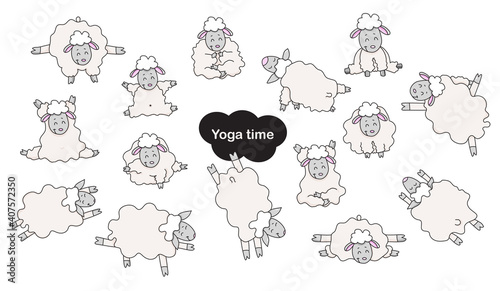 Yoga pets. Cute funny sheep athletes get up in an asana and are engaged in fitness, gymnastics and meditation, a hobby. Sheep yoga - a set of color flat pictures. Vector. Isolated on white background
