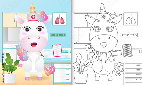 coloring book for kids with a cute unicorn nurse character illustration