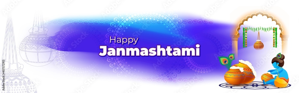 vector illustration for Indian festival Janmashtami, birth of lord Krishna (Hindu god), butter pots, flute on colorful abstract background 