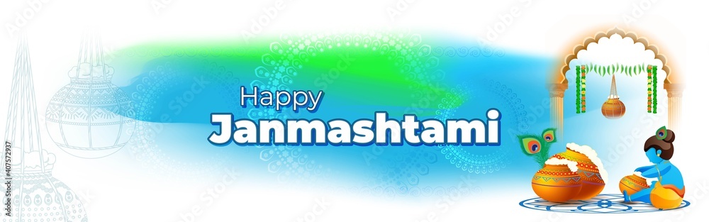 vector illustration for Indian festival Janmashtami, birth of lord Krishna (Hindu god), butter pots, flute on colorful abstract background 