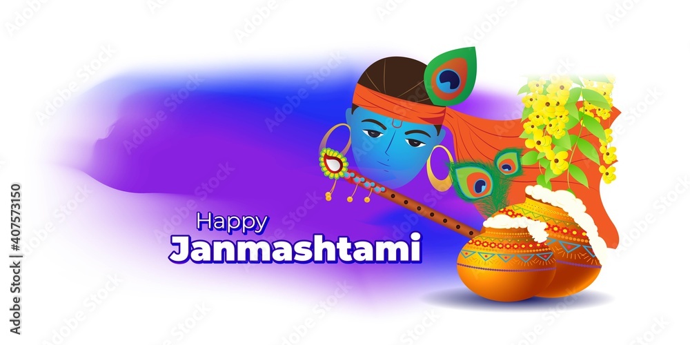 vector illustration for Indian festival Janmashtami, birth of lord Krishna (Hindu god), butter pots, flute on colorful abstract background vector illustration for Indian festival Janmashtami, birth of lord Krishna (Hindu god), butter pots, flute on colorful abstract background