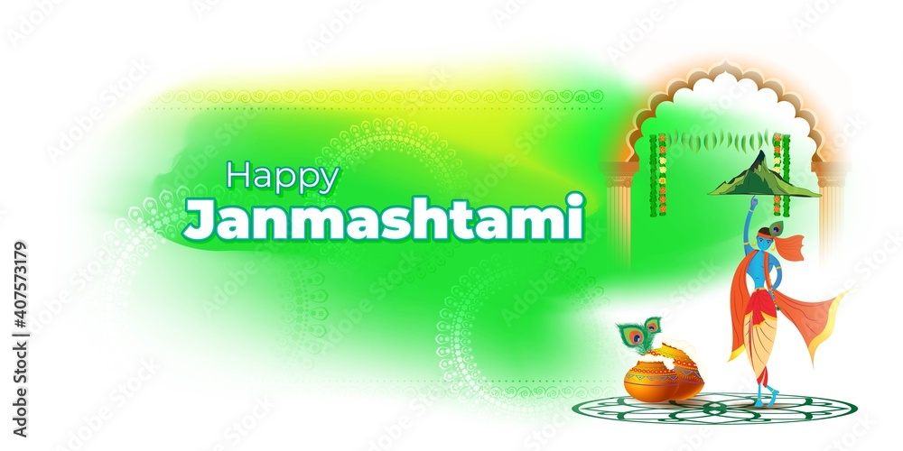 Fototapeta premium vector illustration for Indian festival Janmashtami, birth of lord Krishna (Hindu god), butter pots, flute on colorful abstract background 