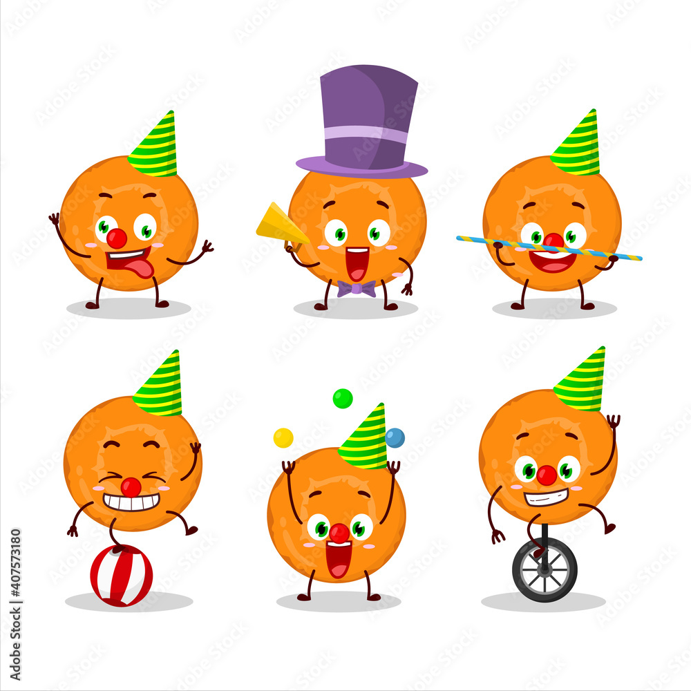 Cartoon character of slice of carrot with various circus shows Cartoon character of slice of carrot with various circus shows