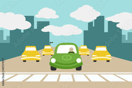 Alternative fuel and sustainable energy concept. Green vehicle or eco-friendly electric car. Harmful toxic air pollution. Vehicle emissions control. Happy driver against traffic jams on the city road.