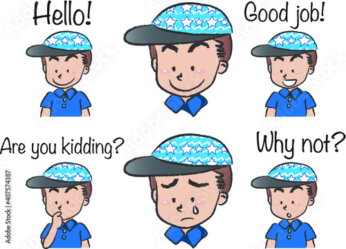 vector cartoon boy with cap life emoji action set