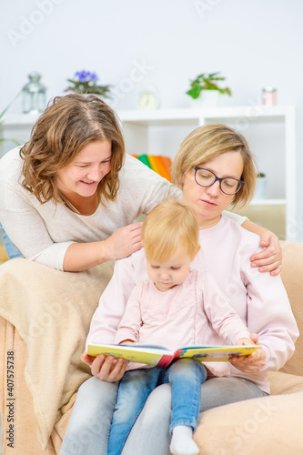 Female couple sitting on the sofa of their front room with their child, readding her a book