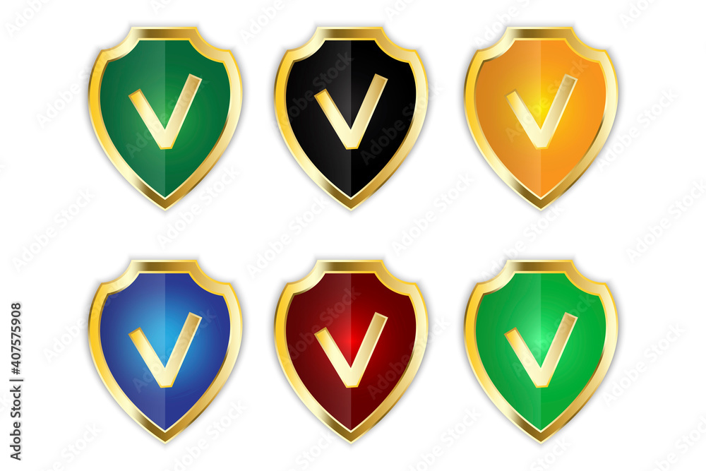 Colored shields with check marks set. Shield icon vector. Design element. Stock image. EPS 10. Colored shields with check marks set. Shield icon vector. Design element. Stock image. EPS 10.