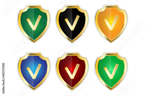 Colored shields with check marks set. Shield icon vector. Design element. Stock image. EPS 10.