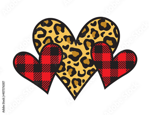 Three Valentine’s day hearts with leopard print and buffalo plaid patterns vector illustration.