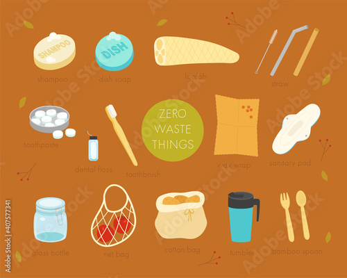 A collection of zero waste products. flat design style minimal vector illustration.