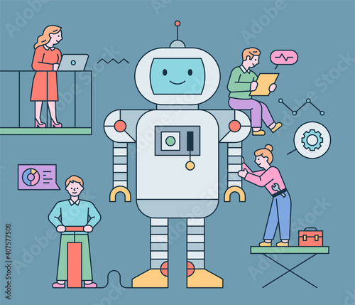 A cute giant robot is standing and scientists are doing research around it. flat design style minimal vector illustration.