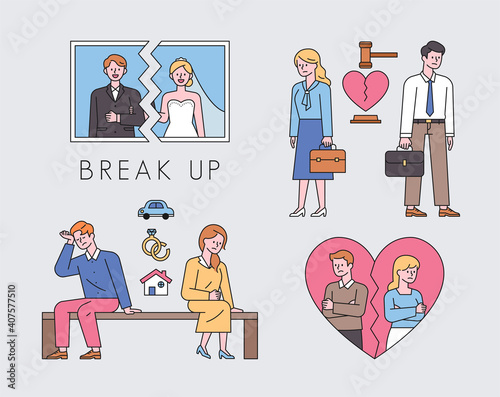 Collection of divorced couples. Wedding photos are torn, divorce lawsuits, property splits, and love cracking. flat design style minimal vector illustration.
