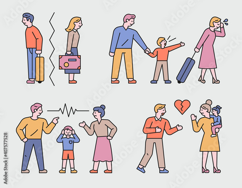 The couple is breaking up. A couple argues, and one takes custody. flat design style minimal vector illustration.