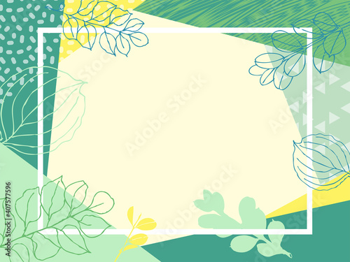 Background of cool summer green colors and hand-painted leaf 