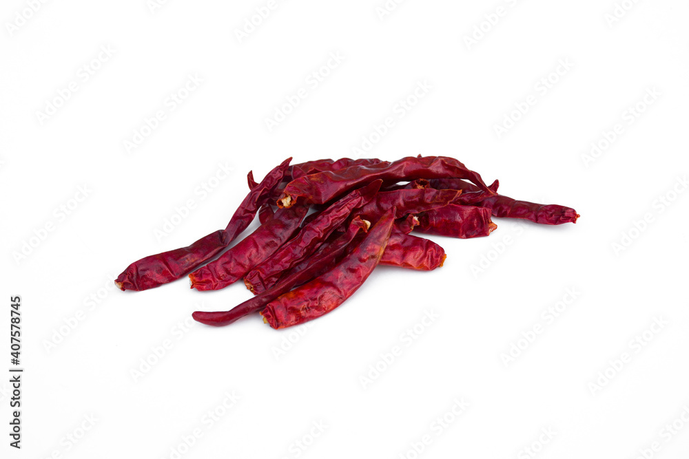 Dried red chili on white background.