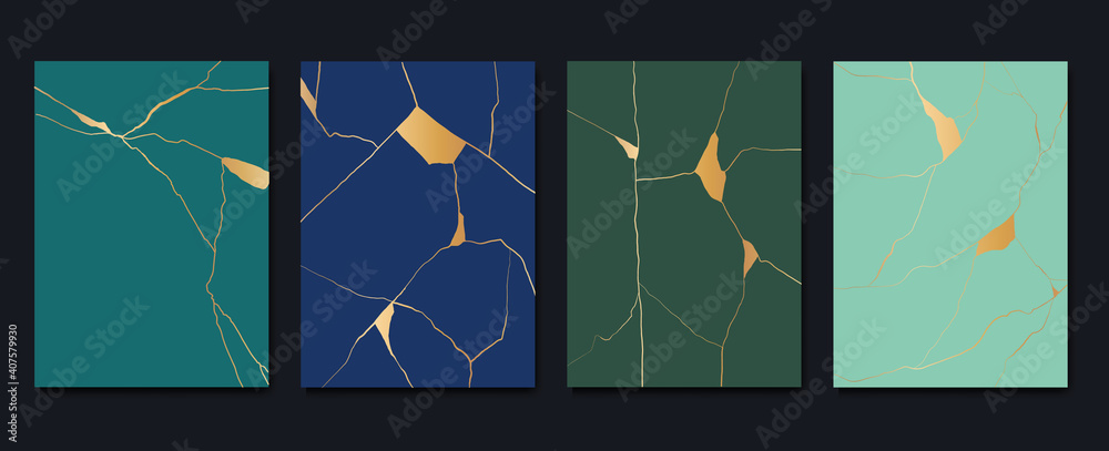 Gold kintsugi cover design vector. Luxury golden marble texture. Crack and broken ground pattern for wall arts, home decoration, print and wallpaper.