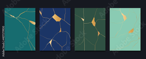Gold kintsugi cover design vector. Luxury golden marble texture. Crack and broken ground pattern for wall arts, home decoration, print and wallpaper.