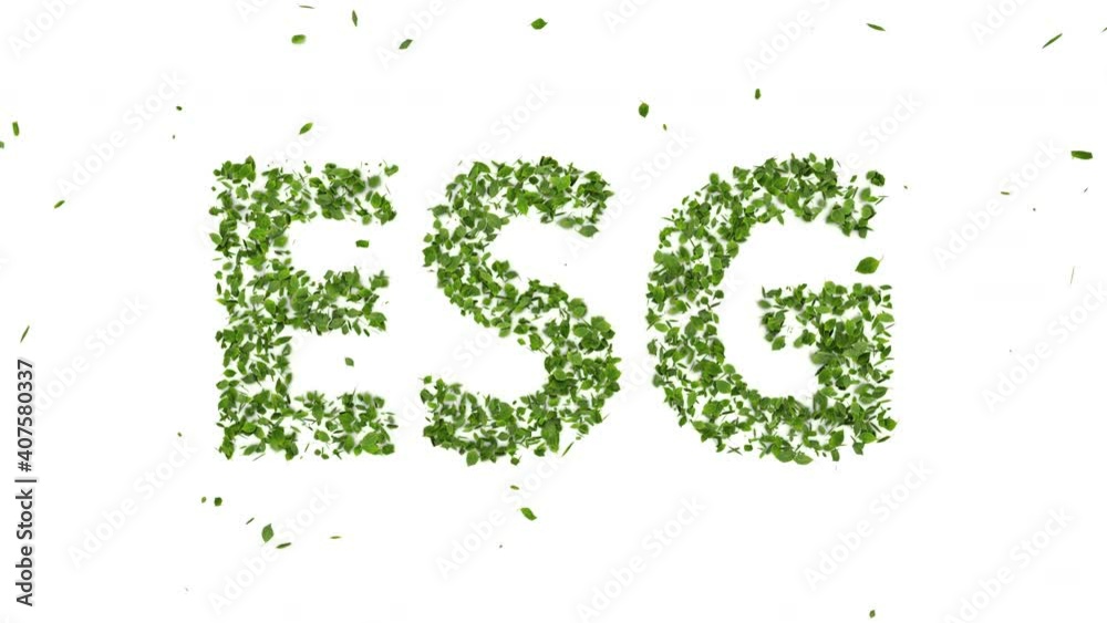 abstract 3D leaves growing and forming ESG text symbol animation on white background, creative eco environment investment fund, 2021 future green energy innovation business trend