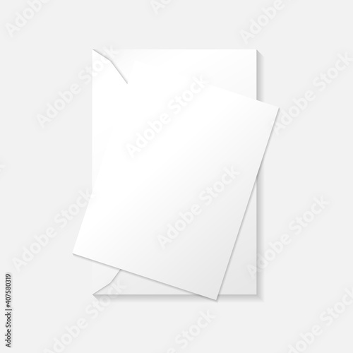 White vertical greeting card on envelope flat lay top view mockup template. Isolated on white background with shadow.