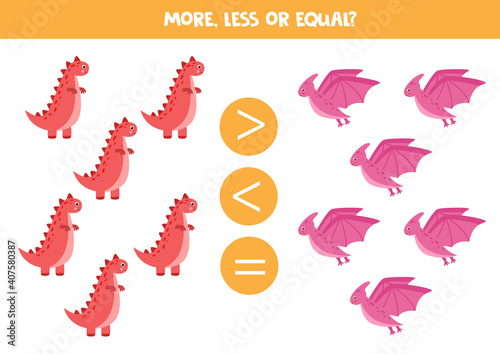 More, less, equal with cute dinosaurs. Math game.