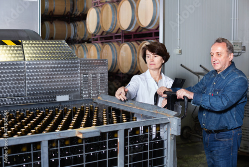 Diligent positive expert and wine maker inspect containers with bottles of red wine photo