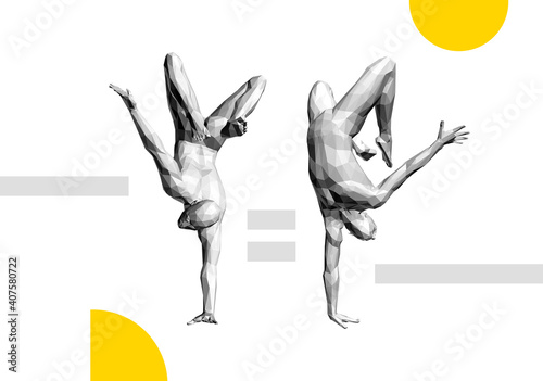 Man making one arm handstand. Gymnast. 3D vector illustration for fitness studio, dance class, yoga or aerobics training.