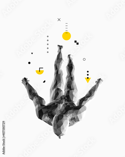 Jumping man. Full length view of man falling and looking down. 3D vector illustration.