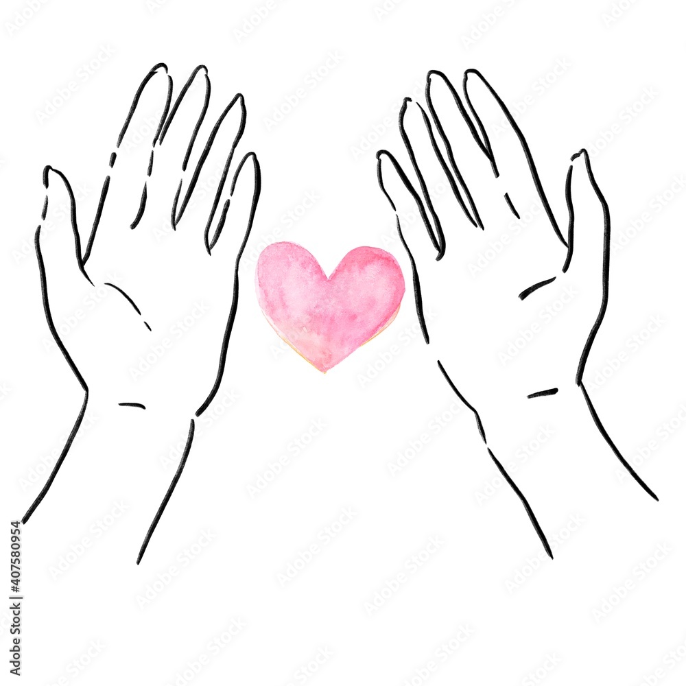 Obraz premium 手 水彩 愛 ハート ハンドモデル 優しさ 母の日 バレンタイン 告白 結婚 福祉 介護 医療