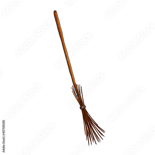 wooden broom drawn by hand on a white background