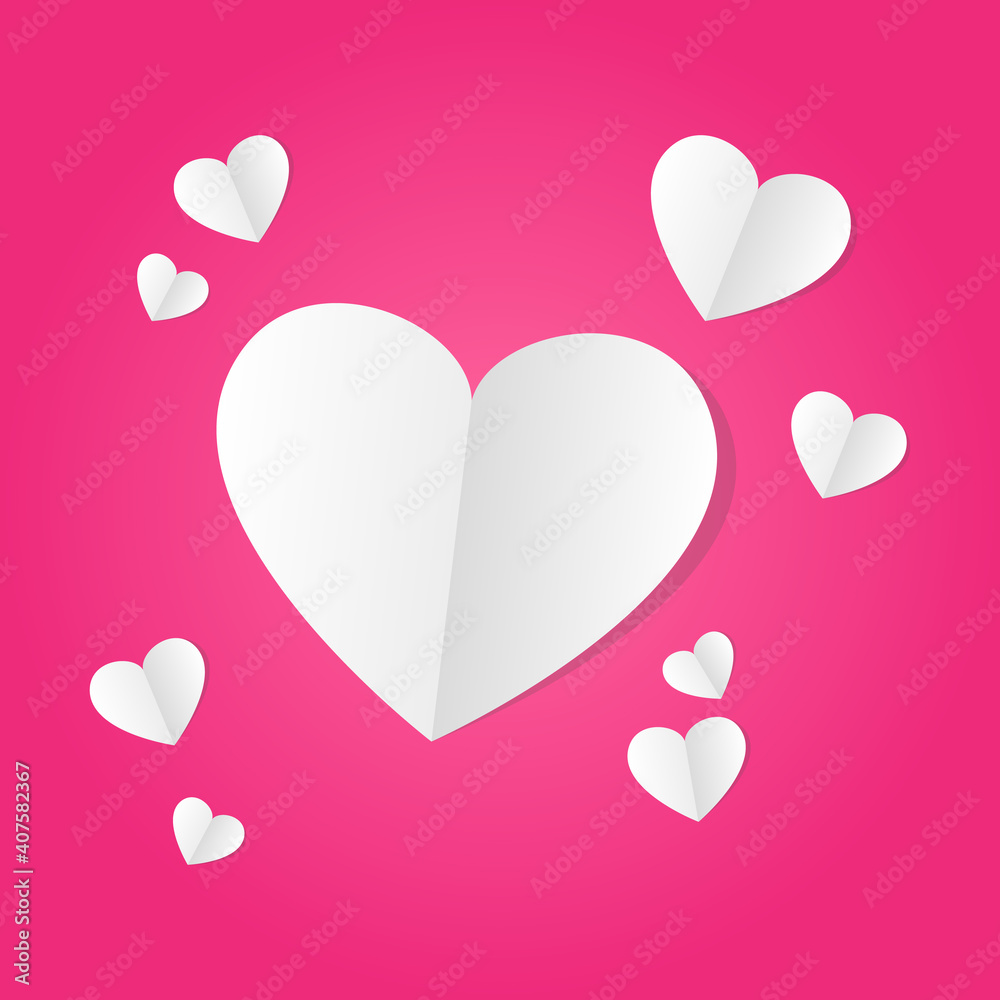 white heart paper on pink background for card and website decoration. love and care concept  