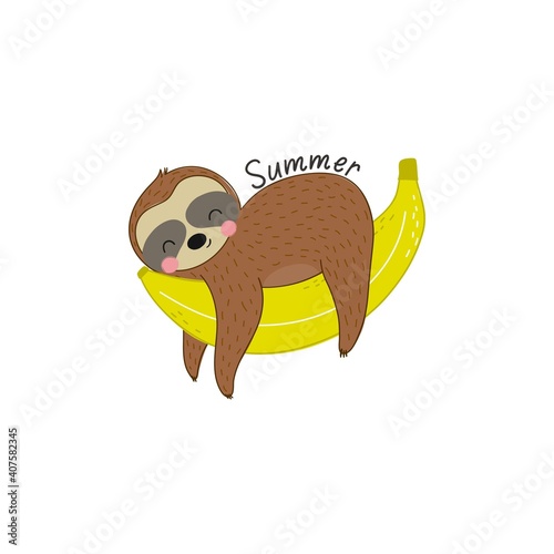 Fresh summer print with cute vector Sloth. Hot print with t-shirt. Tropical sloth on on vacation.