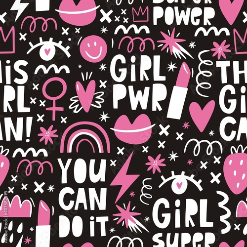 Seamless pattern with Handwritten lettering quote - Girl Power. International womens day graphic in vector. Vector print strong women.