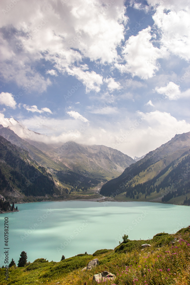 Spectacular scenic on Big Almaty Lake ,Tien-Shan Mountains in Almaty region of Kazakhstan. Vertical.