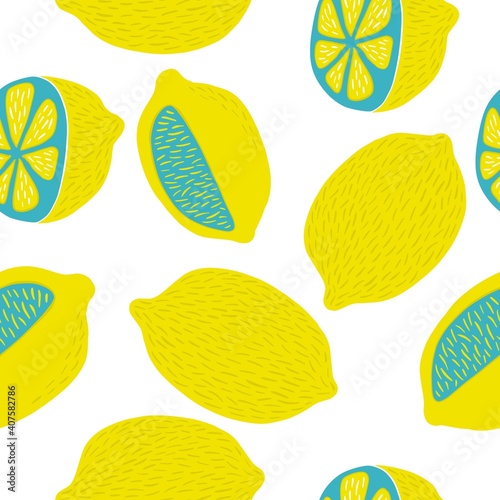 Hand drawl summer print with Lemon. Vector Lemon print for fabric or wallpaper. Seamless pattern with yellow lemon photo