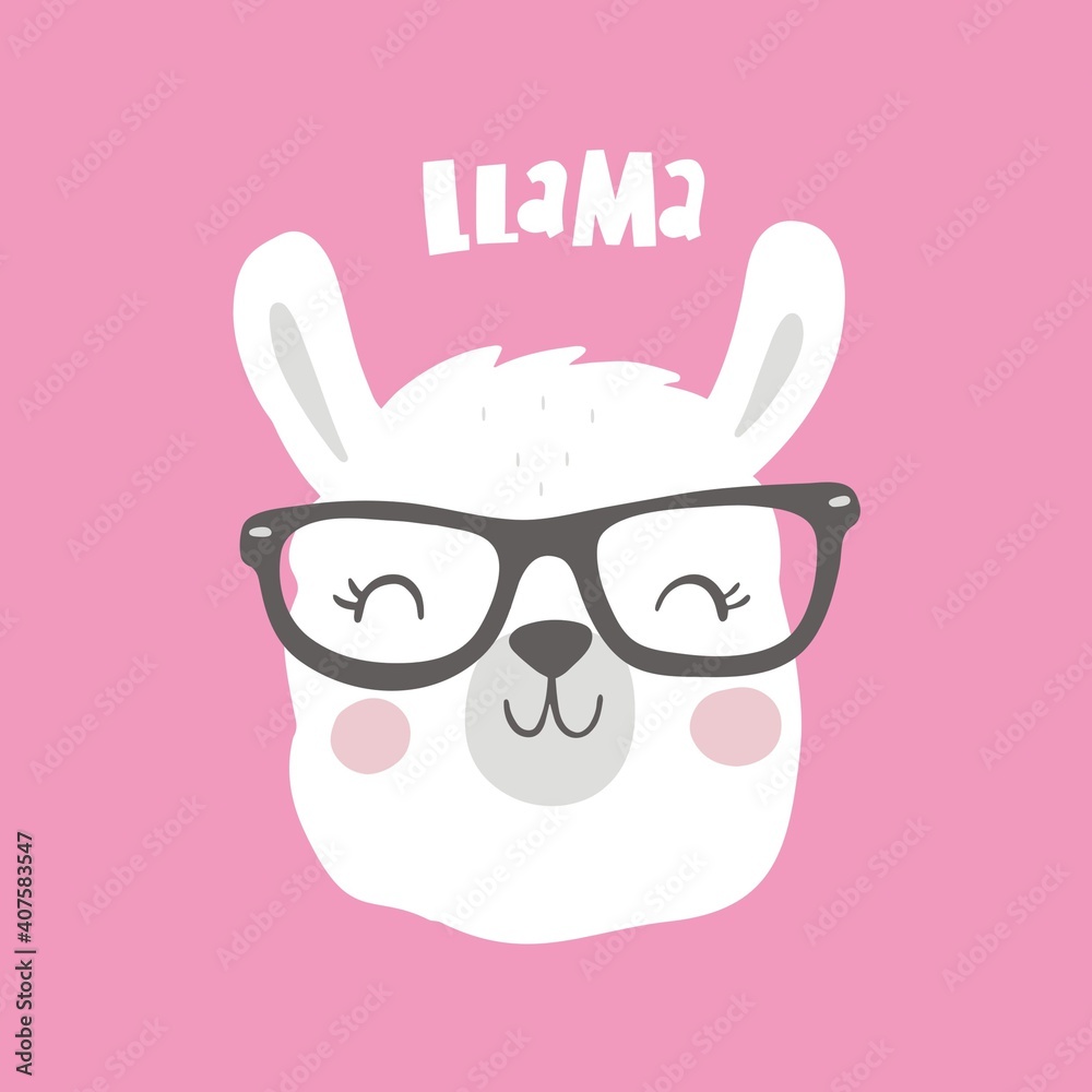 LLama vector print wearing glasses vector illustration. Summer hand-drawing print cute alpaca ...