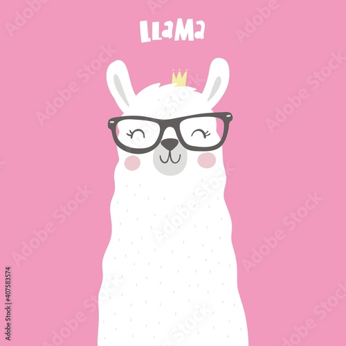 LLama vector print wearing glasses vector illustration. Summer hand-drawing print cute alpaca cartoon character. Modern print for clothes