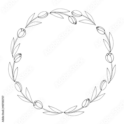 Vector round frame  wreath from outline tulips. Spring flowers. Hand drawn doodle isolated. Background  border  decoration for greeting card  invitation  Valentine s  Women s or Mother day