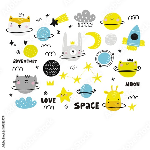 Hand drawn space and animals of the planet. Cartoon cute vector print with space and planet animal. Hand drawn lettering Space adventure