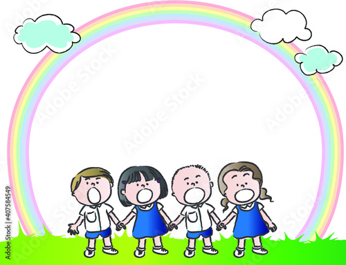 vector cartoon school kids with balloon card border