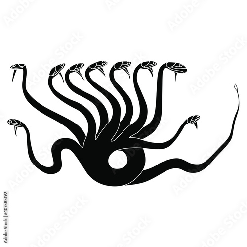Ancient Greek Hydra. Mythological dragon monster with many heads. Black and white silhouette.
