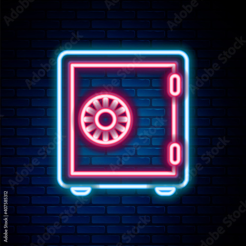 Glowing neon line Safe icon isolated on brick wall background. The door safe a bank vault with a combination lock. Reliable Data Protection. Colorful outline concept. Vector.