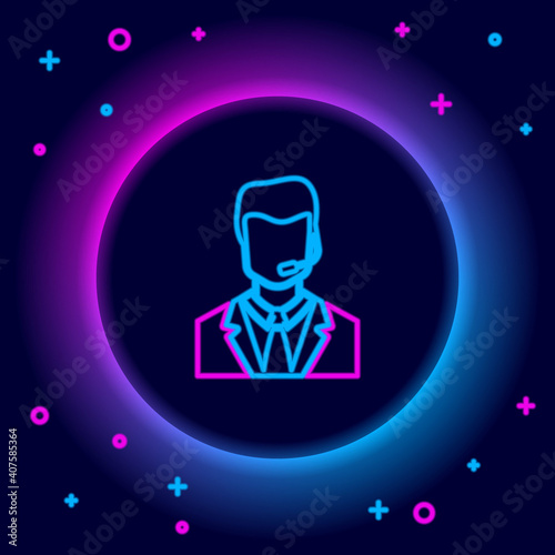 Glowing neon line Man with a headset icon isolated on black background. Support operator in touch. Concept for call center, client support service. Colorful outline concept. Vector.